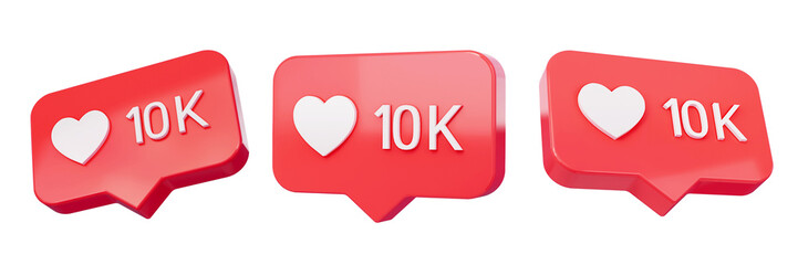 Set of Heart Ten Thousand Likes in red speech bubble icon on empty background. Love like heart social media notification icon. Emoji, chat and Social Network. 3d rendering,3D Illustration.