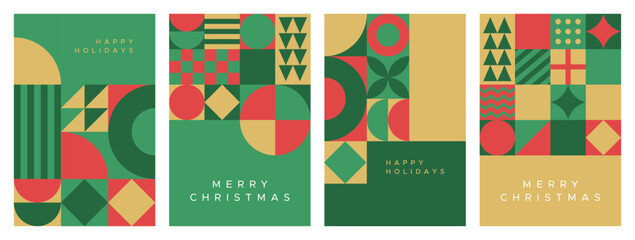 Merry christmas modern geometric banner template set. Abstract xmas holiday mosaic poster collection with winter decoration. Festive party invitation, minimalist december event greeting card bundle.