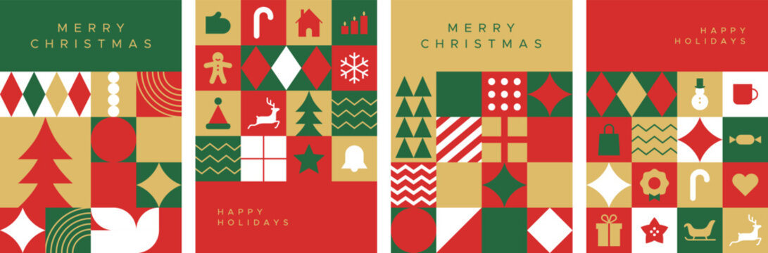 Merry christmas modern geometric banner template set. Abstract xmas holiday mosaic poster collection with winter decoration. Festive party invitation, minimalist december event greeting card bundle.