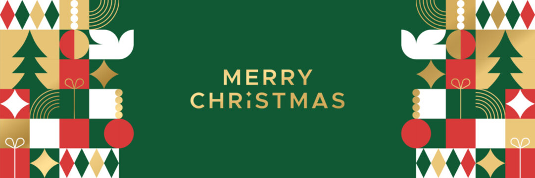 Merry christmas modern geometric banner template. Abstract xmas holiday mosaic poster with winter decoration. Festive party invitation, minimalist december event greeting card.