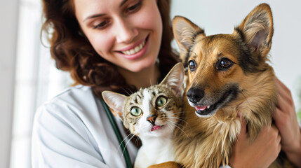 Veterinario posando con animales como perro, gato o loro - obrazy, fototapety, plakaty