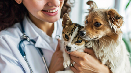 Veterinario posando con animales como perro, gato o loro