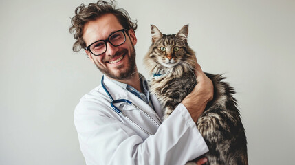 Veterinario posando con animales como perro, gato o loro