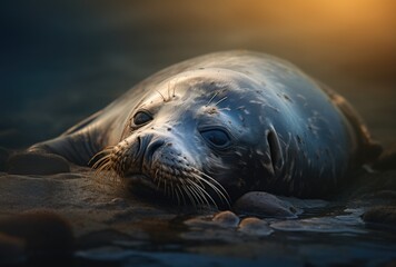 seal lies on the rocks - Powered by Adobe