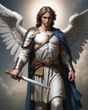 Archangel Michael - Realistic flat illustration of the biblical figure with a sword in two-tone shading Gen AI