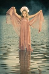 Young lady as a water fairy in middle of summer time lake
