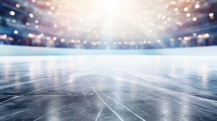 Empty ice skating arena with blurry bokeh lights. Festive background, scratched surface of the skating rink with skate marks. Winter holidays theme. Copy space.