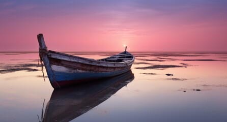 small old ship moored on the lake at sunset