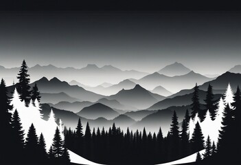 Black silhouette of mountains and fir trees camping landscape panorama illustration icon vector
