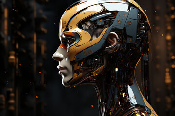 A android robot young woman, partly human and machine elements, idea of the fusion of technology and biology. Copy space