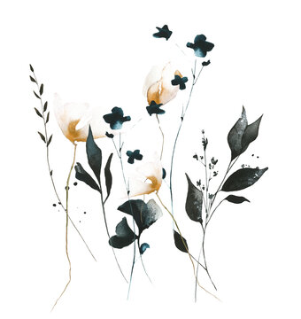 Watercolor painted floral growing arrangement of black ginko biloba, orange poppy, blue wild flowers, dark leaves, branches. Hand drawn illustration. Watercolour artistic drawing.