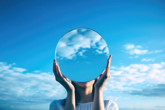 A mesmerizing moment captured as a woman stands beneath the open sky, holding a round mirror that reflects the vastness of the clouds above, blending the human and natural world in a single breathtak - Powered by Adobe