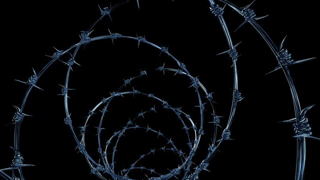Barbed wire coil metal steel with thorns and spikes realistic 3D render, 4K HD infinite immersive loop with blue lighting and mask