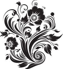 Intricate Petal Compositions Black Ornate Emblem Designs Whimsical Noir Blossom Impressions Invitation Card Icons