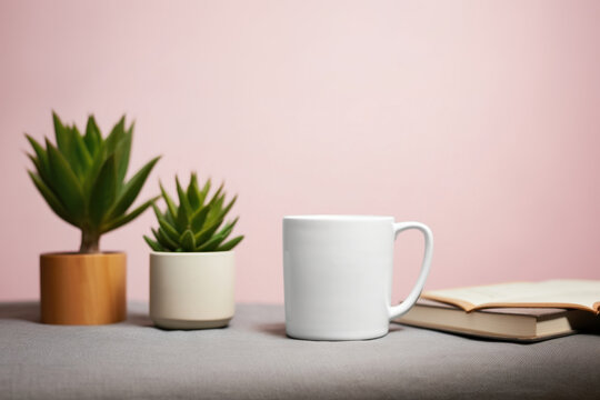 White Mug Mockup With Office Supplies On Table And Green Plants In Pot. Cup Mock Up Showcase