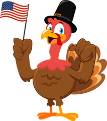 Cute Pilgrim Turkey Cartoon Character Waving USА Flag. Flat Illustration Isolated On Transparent Background