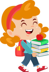 Happy School Girl Cartoon Character Goes To School With A Backpack And A Textbooks. Flat Illustration Isolated On Transparent Background