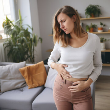 Femme qui a des douleurs au ventre et je tiens les mains sur l'estomac le visage crisp&eacute;, elle est debout dans son appartement