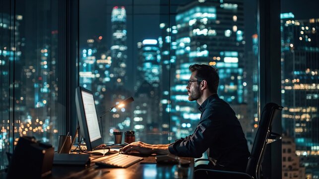homme d'affaires dans un bureau devant son ordinateur le soir dans les locaux d'une entreprise au sommet d'un b&acirc;timent moderne avec vue sur les grattes ciels du quartier
