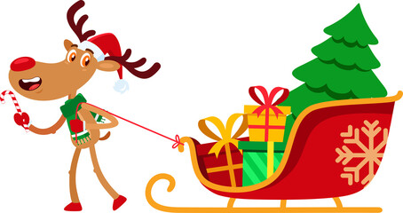 Funny Reindeer Cartoon Character Pulls A Sleigh With Gift Boxes And A Christmas Tree. Flat Illustration Isolated On Transparent Background	