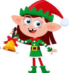 Cute Christmas Elf Girl Cartoon Character Ringing A Bell. Flat Illustration Isolated On Transparent Background	