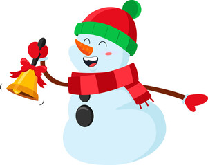 Happy Snowman Cartoon Character Ringing A Bell. Flat Illustration Isolated On Transparent Background	