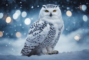 White snowy owl sitting in the snow at night - background bokeh dark