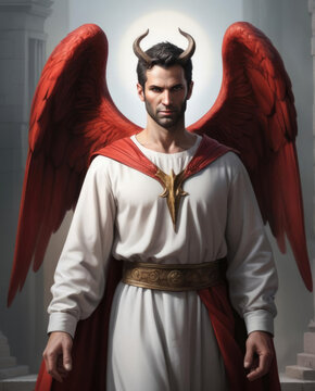 Lucifer Before the Fall - Realistic Portrait of a Biblical Figure with Bright Wings in Flat Illustration Style Gen AI