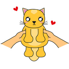 Manos sosteniendo a un lindo gato pequeño de color amarillo con corazones. Sin fondo. PNG