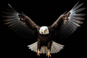 Obraz premium A bald eagle spreads its wings in the air