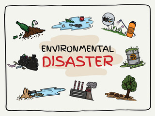 Bright vector illustration of the ecological catastrophe of the Earth. Elements and Symbols of Environmental Pollution