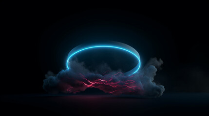 3d render, abstract cloud illuminated with neon light ring on dark night sky. Glowing geometric shape, round frame 