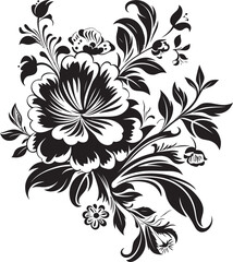 Intricate Petal Scrolls Ornate Black Emblem Icons Whimsical Noir Blooms Invitation Card Graphic Elements
