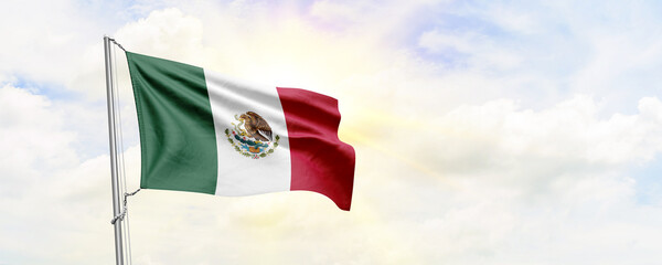 Mexico flag waving on sky background. 3D Rendering