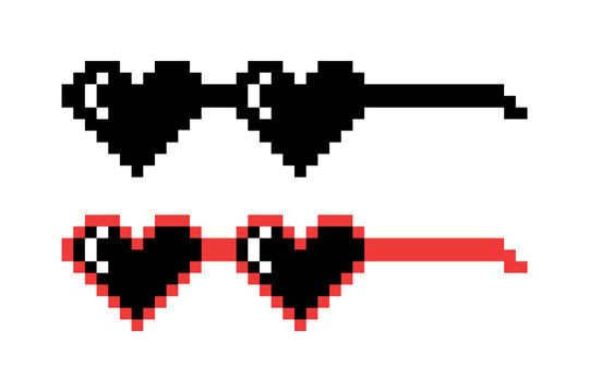 Vector Pixel Boss Glasses Icon Set in 8 bit Retro Style. Summer Meme Game Thug Design, Mafia Gangster Funky Sunglasses. Rap Music Design Element