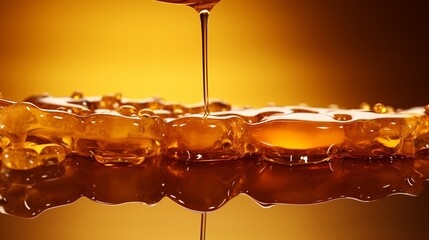 A close-up of golden honey drizzling on a solid brown background.