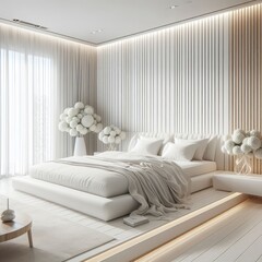 white high end bedroom, minimalist, luxurious, wall of sliding doors