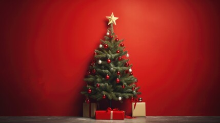 Fototapeta na wymiar Christmas tree on the background of a red wall
