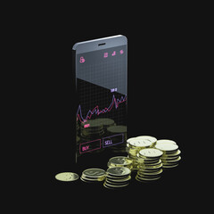 Online trading stock concept. Smartphone with investment application and stack of coins. 3d rendering.