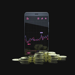 Online trading stock concept. Front view of smartphone with investment application and stack of coins . 3d rendering