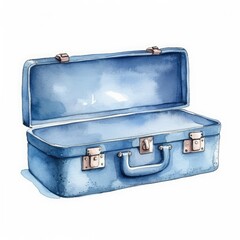 A watercolor painting of a blue suitcase