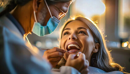 A dentist cares for the teeth of a female patient sitting in the dental chair.
 - obrazy, fototapety, plakaty