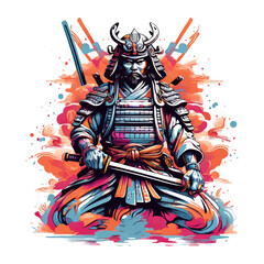 A psychedelic graphic design with samurai japan, vector style, for T-shirt printing.