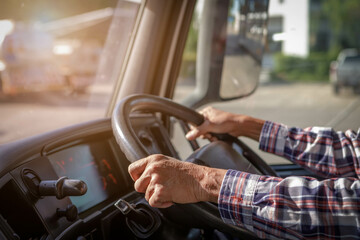 Truck driver keeps driving with one hands and change gears,The man Behind Semi Truck Steering...