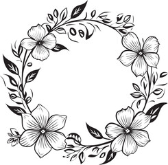 Clean Petal Wreath Black Hand Drawn Iconic Logo Whimsical Floral Arrangement Vector Wedding Emblem