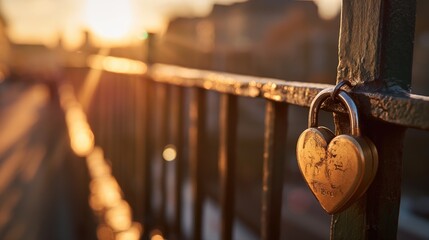 A heart-shaped padlock attached to a bridge railing, bathed in the golden light of sunset, with a blurred cityscape background. - obrazy, fototapety, plakaty