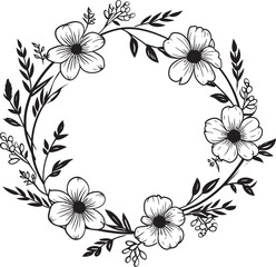 Clean Black Vector Wreath Hand Drawn Logo Icon Whimsical Wedding Flower Elegant Black Emblem