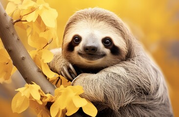 Fototapeta premium A sloth sitting on a tree branch with yellow leaves