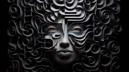 Frauengesicht in 3D-Labyrinth. Konzept: Komplexität und Rätselhaftigkeit von Persönlichkeit und Psyche. Künstlerisch, geheimnisvoll. Abstrakte Illustration mit dunklem Hintergrund - obrazy, fototapety, plakaty