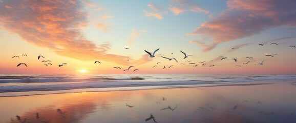 Pink sunset on the sea with flying birds - obrazy, fototapety, plakaty